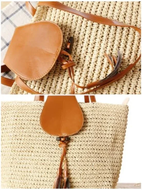 Hand-woven Straw Shoulder Bag Large Woven Beach Tote Purse with Tassel - Picture 6 of 7